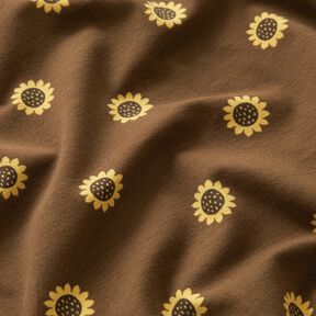 Dżersej bawełniany słoneczniki nadruk cyfrowy – ciemny brąz/żółty waniliowy, 