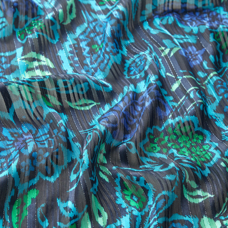 Szyfon z satynowymi, błyszczącymi paskami w kwiaty paisley – turkus/czerń,  image number 2