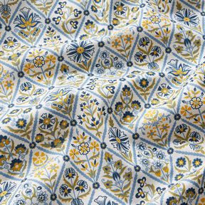 Tkanina bawełniana Kreton kwiatowe kafelki – biel/niebieski brylantowy, 