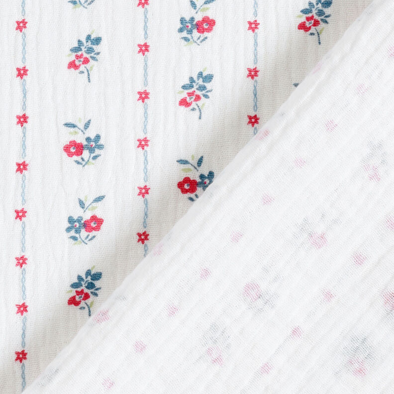 Muślin / Tkanina double crinkle tradycyjne kwiaty | by Poppy biel/malinowy, image number 4