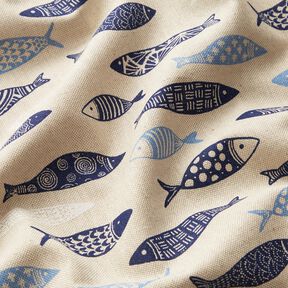 Tkanin dekoracyjna Half panama abstrakcyjna ławica ryb – naturalny/błękit, 
