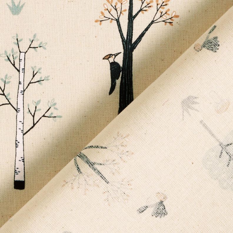 GOTS Tkanina bawełniana Kreton ptaki w lesie &ndash; naturalny/eukaliptusowy,  image number 4