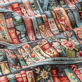 Tkanin dekoracyjna Gobelin kolorowa p&oacute;łka na książki &ndash; świerk srebrny/czerwień karminowa, 