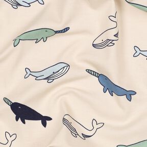 Dżersej bawełniany urocze wieloryby | Poppy Fabrics – nerkowiec/granat, 