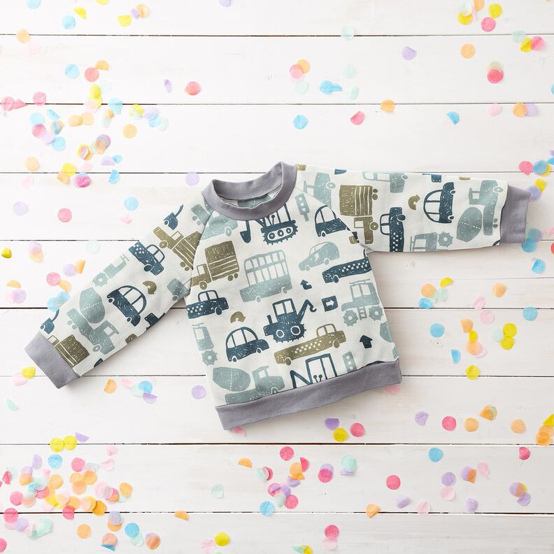 Dzianina dresowa p?telkowa French Terry rysunkowe pojazdy &ndash; biel/b??kit,  image number 7