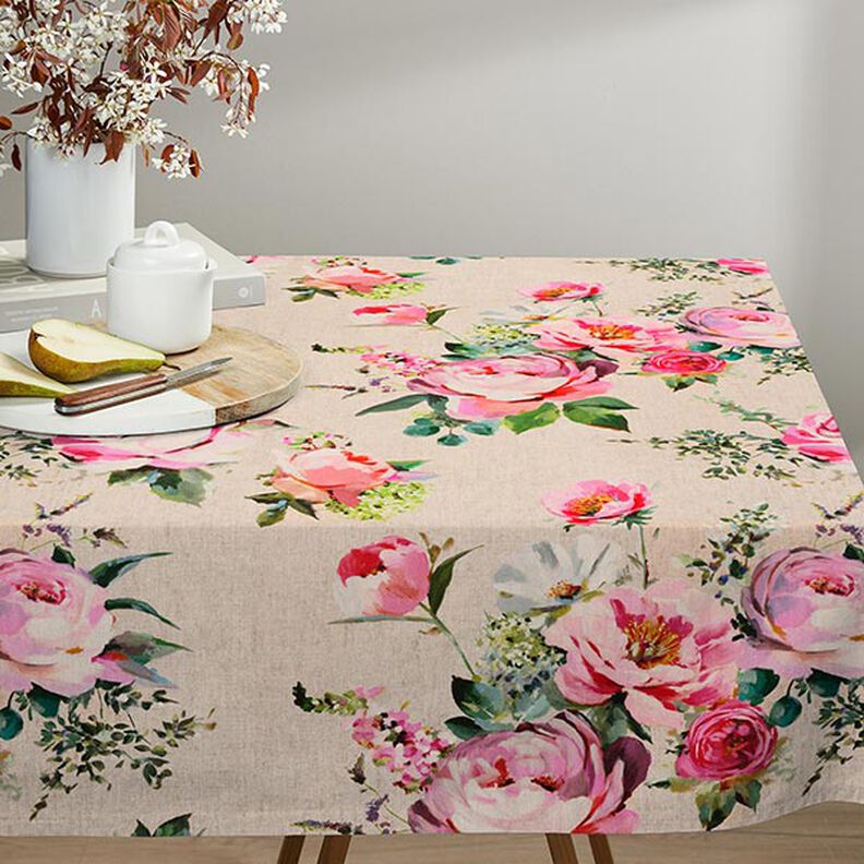 Tkanina dekoracyjna półpanama z nadrukiem cyfrowym Akwarela z różami – naturalny,  image number 5