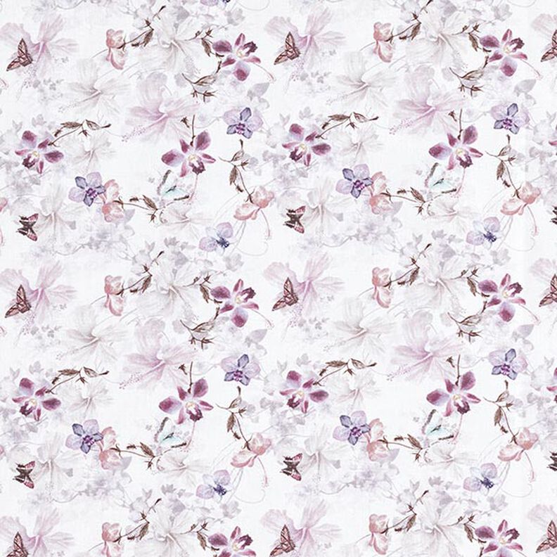 Dekostoff Baumwollpopeline Schmetterlinge & Orchideen – pastelowy fiolet,  image number 1