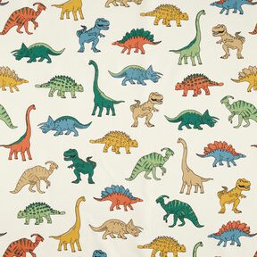Tkanin dekoracyjna Half panama wyraziste dinozaury – mleczna biel/ciemna zieleń, 