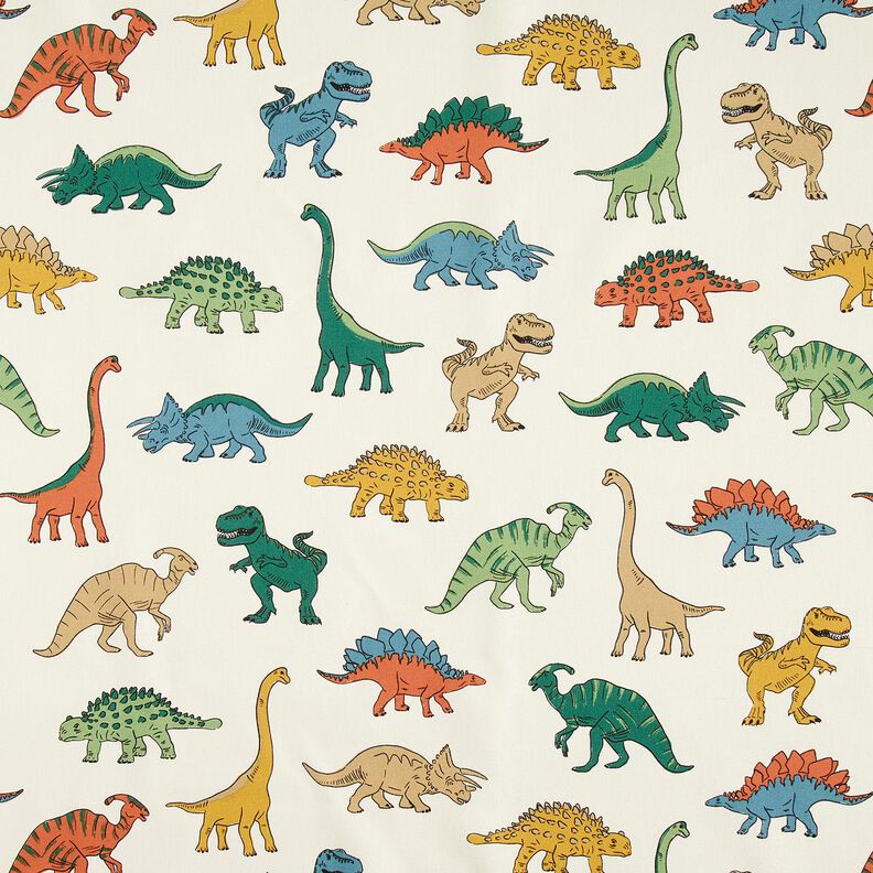 Tkanin dekoracyjna Half panama wyraziste dinozaury – mleczna biel/ciemna zieleń,  image number 1