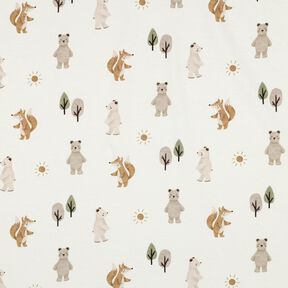 Dżersej bawełniany zwierzęta w lesie nadruk cyfrowy | Poppy Fabrics – kość słoniowa/zawilec, 