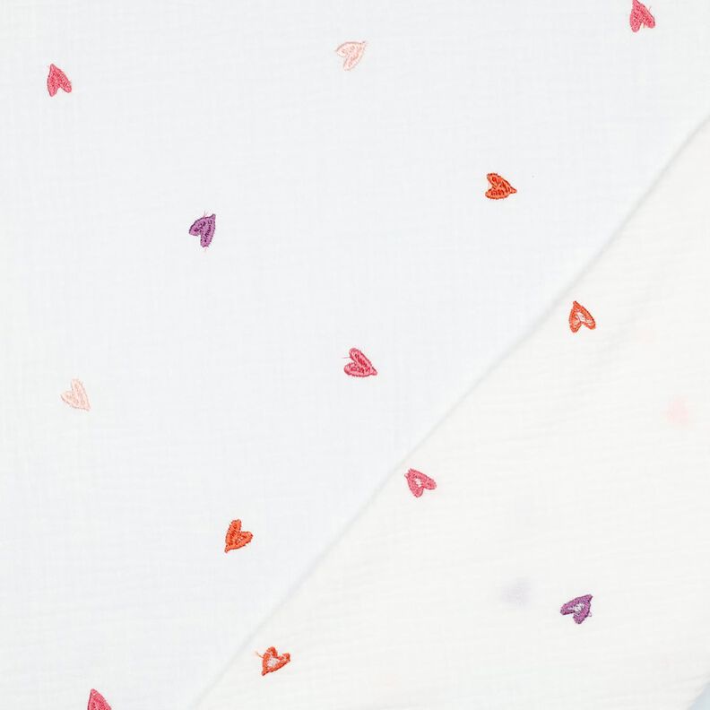 Muślin / Tkanina double crinkle haftowane serca | Poppy Fabrics – biel/różowy,  image number 4