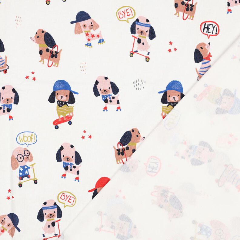 Dżersej bawełniany pies jeżdżący na łyżwach nadruk cyfrowy | Poppy Fabrics – kość słoniowa/różowe,  image number 4