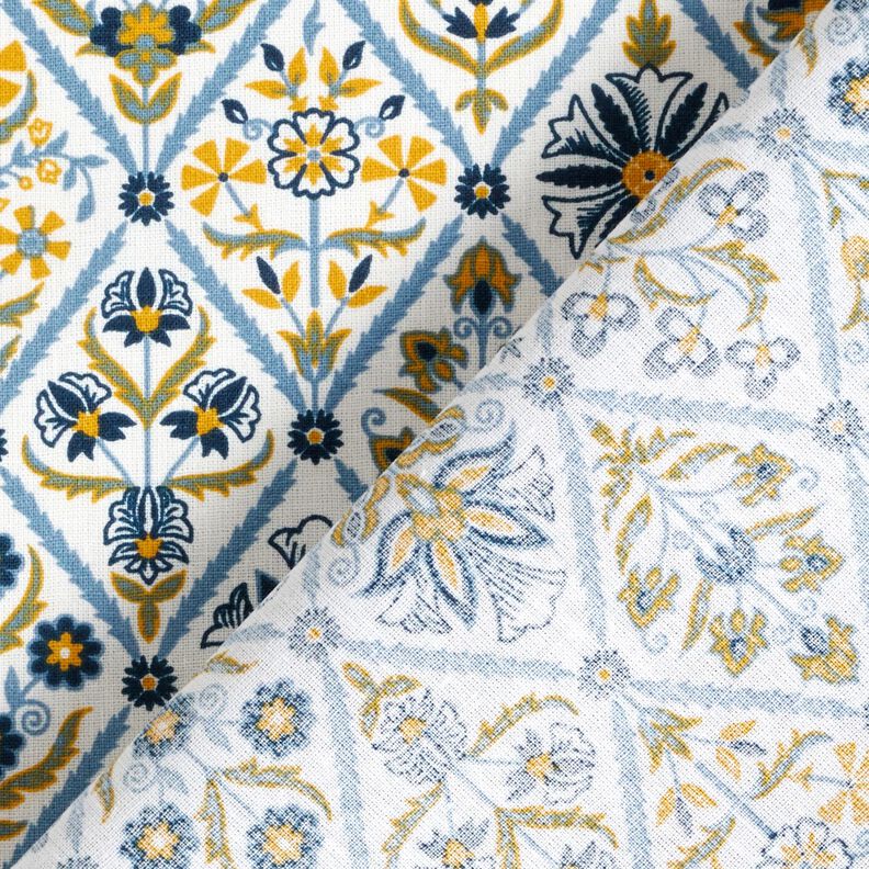 Tkanina bawełniana Kreton kwiatowe kafelki – biel/niebieski brylantowy,  image number 4