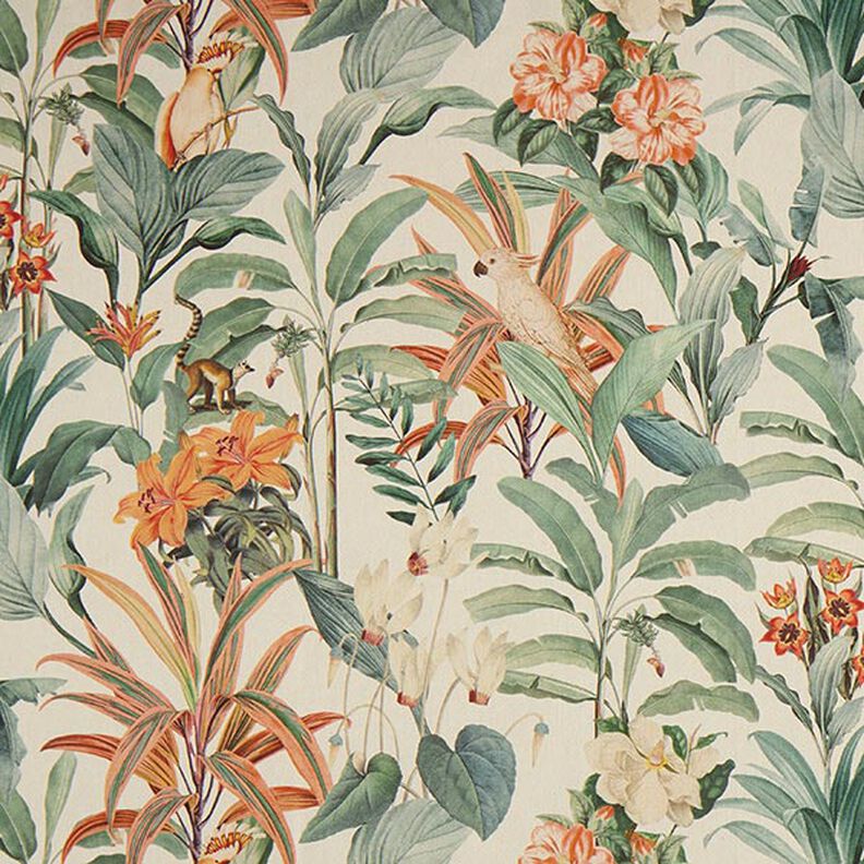 Tkanin dekoracyjna Half panama papuga w dżungli – naturalny/zieleń,  image number 1