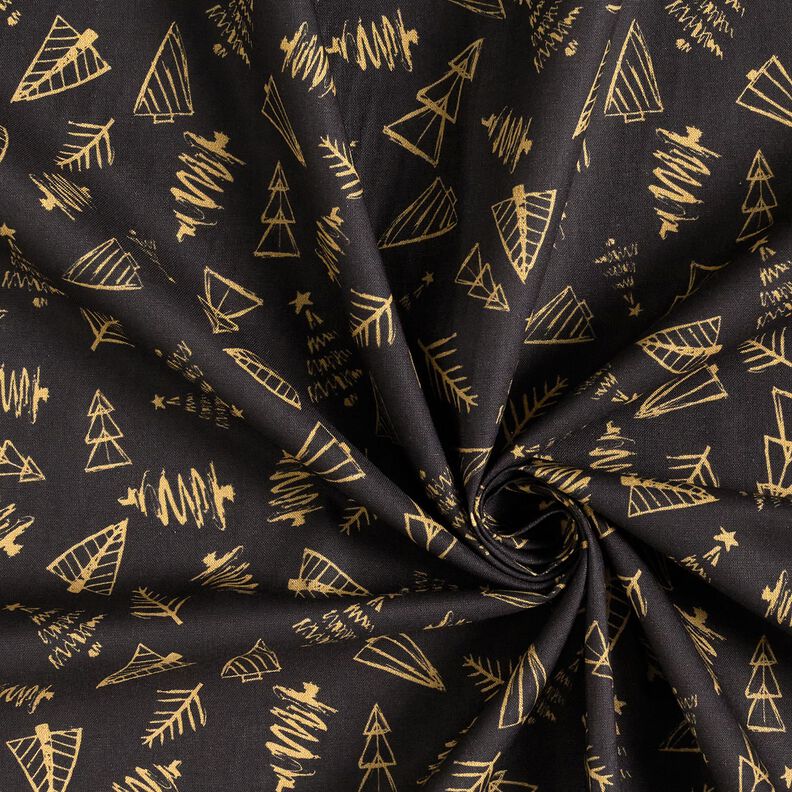 Tkanina bawełniana Kreton eleganckie choinki – czerń/złoto,  image number 3