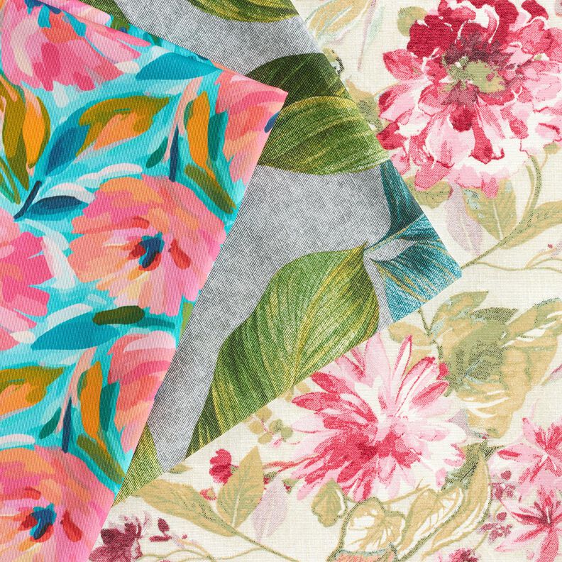 Tkanin dekoracyjna Diagonal bawełniany malowane kwiaty  – róż/turkus,  image number 5