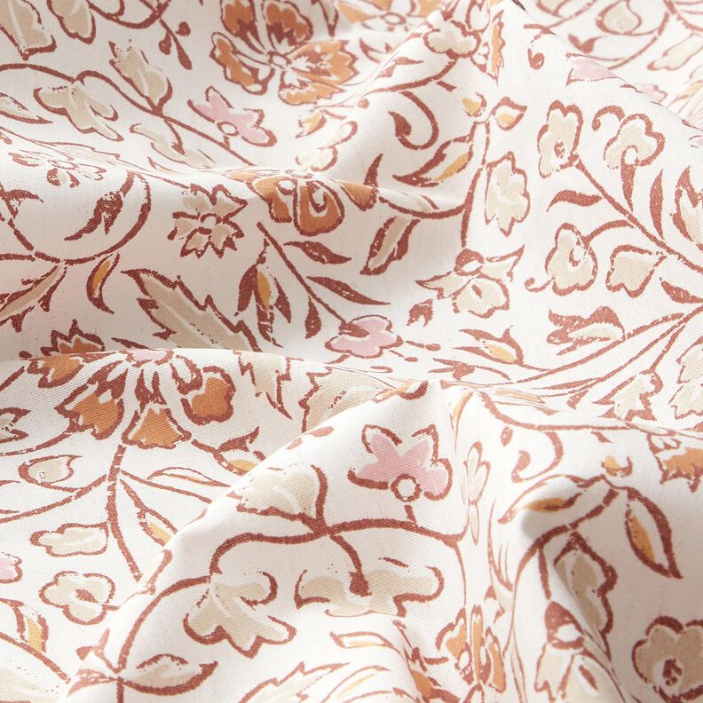 Tkanina bawełniana Kreton delikatny kwiatowy wzór – biel/cynamon,  image number 2