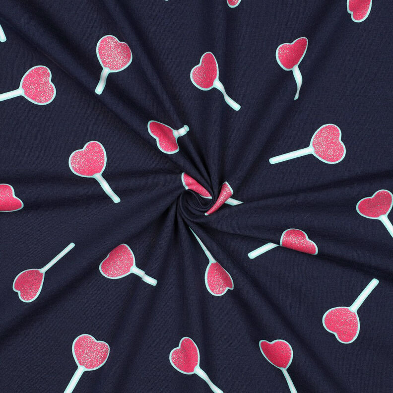 Dżersej bawełniany lizaki brokatowe w kształcie serca | Poppy Fabrics – ciemnogranatowy, image number 3