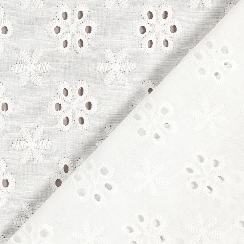 Tkanina bawełniana z haftem angielskim w kwiaty – biel,  image number 4