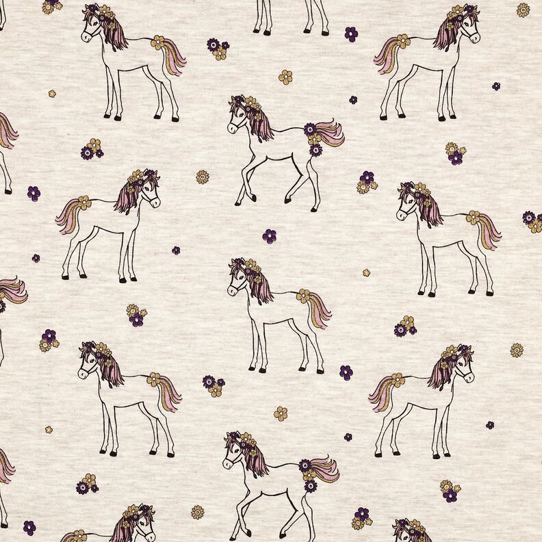 Dżersej bawełniany koń z brokatowych kwiatów | Poppy Fabrics – naturalny/złoto,  image number 1