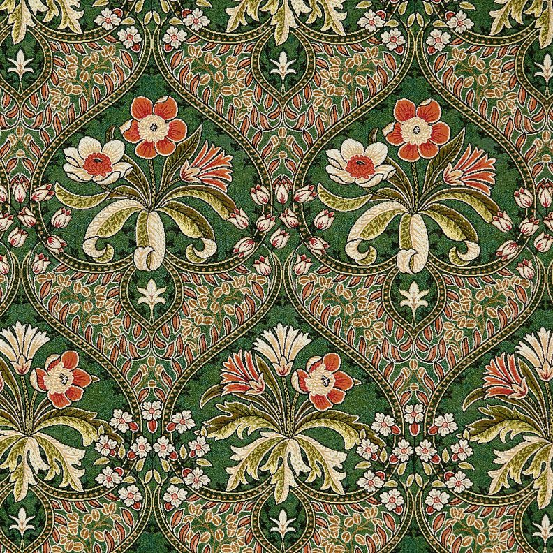 Tkanin dekoracyjna Gobelin kwiatowe ornamenty – zieleń/jasnopomarańczowy, image number 1