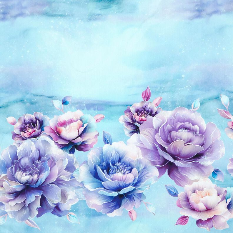 Dżersej bawełniany letnie kwiaty | Glitzerpüppi  – błękitny/lawendowy,  image number 1