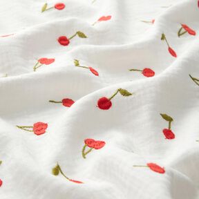 Muślin / Tkanina double crinkle haftowane wiśnie | Poppy Fabrics – biel/ognista czerwień, 