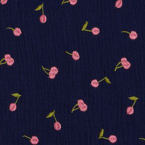 Muślin / Tkanina double crinkle haftowane wiśnie | Poppy Fabrics – ciemnogranatowy/róż, 