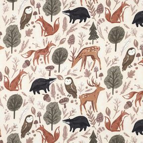 Dzianina dresowa drapana zwierzęta w lesie nadruk cyfrowy | Poppy Fabrics – mleczna biel, 