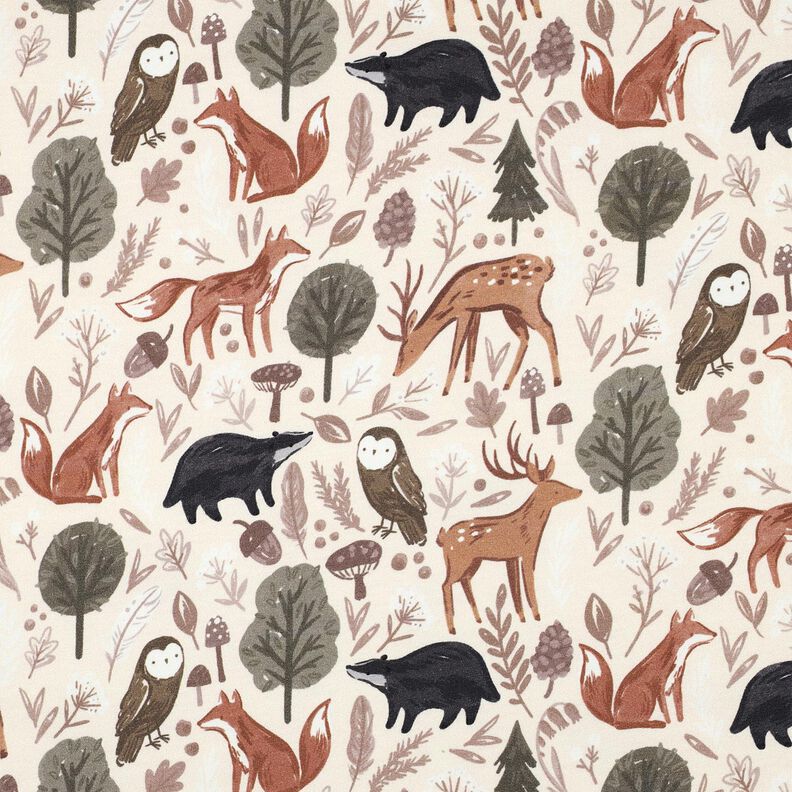 Dzianina dresowa drapana zwierzęta w lesie nadruk cyfrowy | Poppy Fabrics – mleczna biel, image number 1