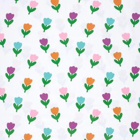 Dżersej bawełniany stylizowane tulipany – biel/czerwona lilia, 