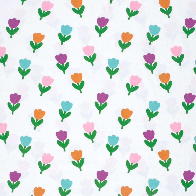 Dżersej bawełniany stylizowane tulipany – biel/czerwona lilia,  image number 1