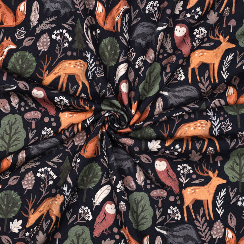 Dzianina dresowa drapana zwierzęta w lesie nadruk cyfrowy | Poppy Fabrics – ciemnogranatowy, image number 3