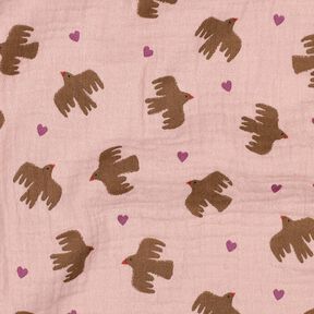GOTS Muślin / Tkanina double crinkle ptaki i serca | Poppy Fabrics – stary róż, 