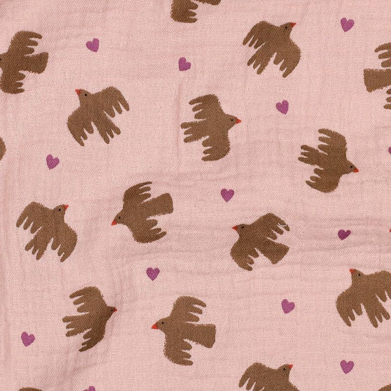 GOTS Muślin / Tkanina double crinkle ptaki i serca | Poppy Fabrics – stary róż, image number 3
