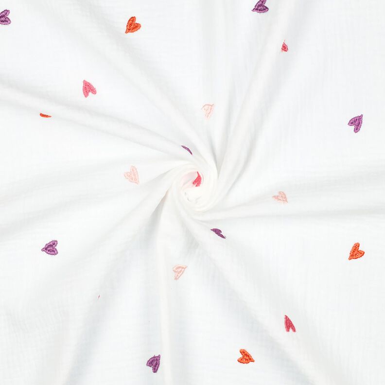 Muślin / Tkanina double crinkle haftowane serca | Poppy Fabrics – biel/różowy,  image number 3