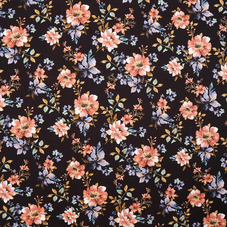 Dżersej wiskozowy w malowane kwiaty – czerń,  image number 1