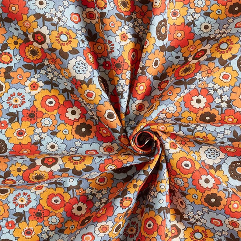 Tkanina bawełniana Kreton kolorowe kwiaty – jasnoniebieski jeans/pomarańcza,  image number 3