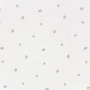 Muślin / Tkanina double crinkle mała gałąź – mleczna biel/zieleń trzcinowa, 