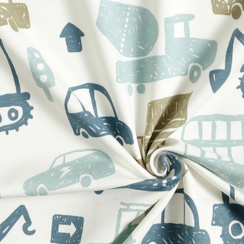 Dzianina dresowa p?telkowa French Terry rysunkowe pojazdy &ndash; biel/b??kit,  image number 3