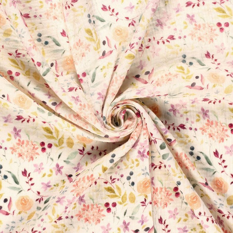 Muślin / Tkanina double crinkle akwarelowa łąka kwietna nadruk cyfrowy – krem, image number 3