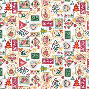 Tkanina bawełniana Popelina świąteczne obrazki – biel/czerwień karminowa, 