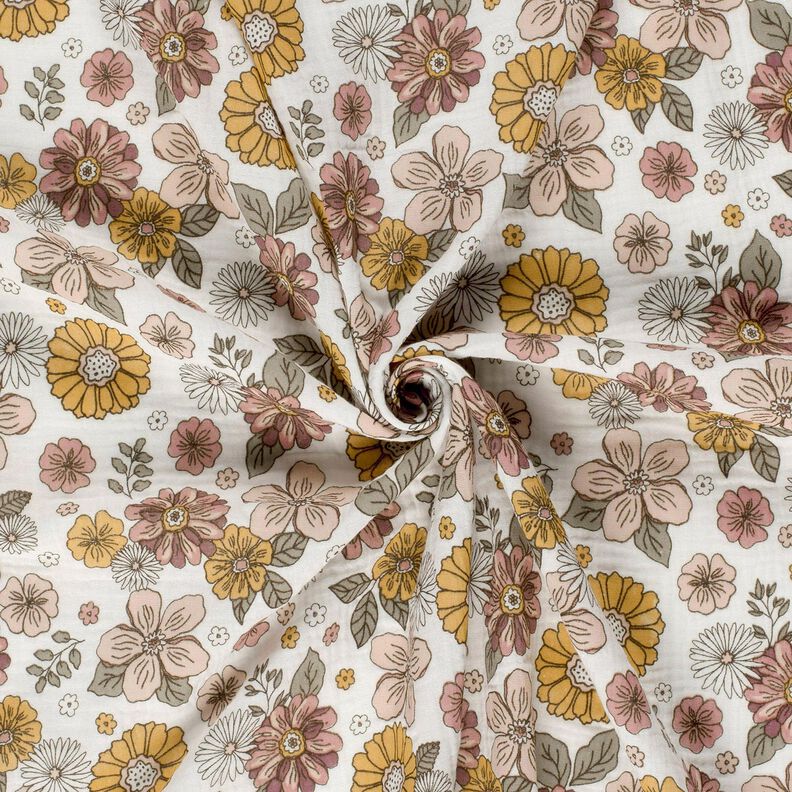 Muślin / Tkanina double crinkle kwiaty retro – biel,  image number 3