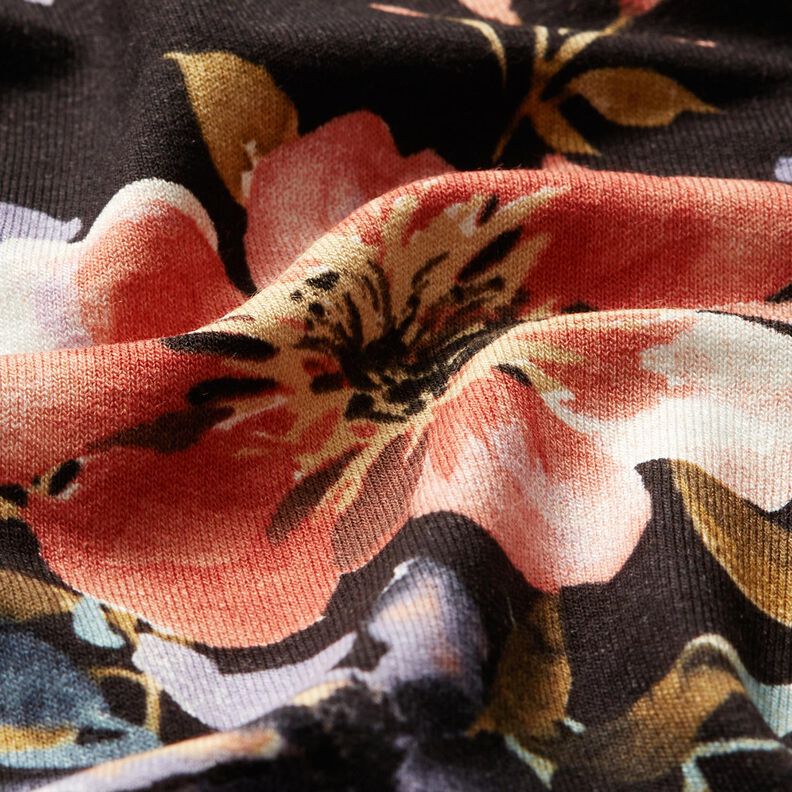 Dżersej wiskozowy w malowane kwiaty – czerń,  image number 2