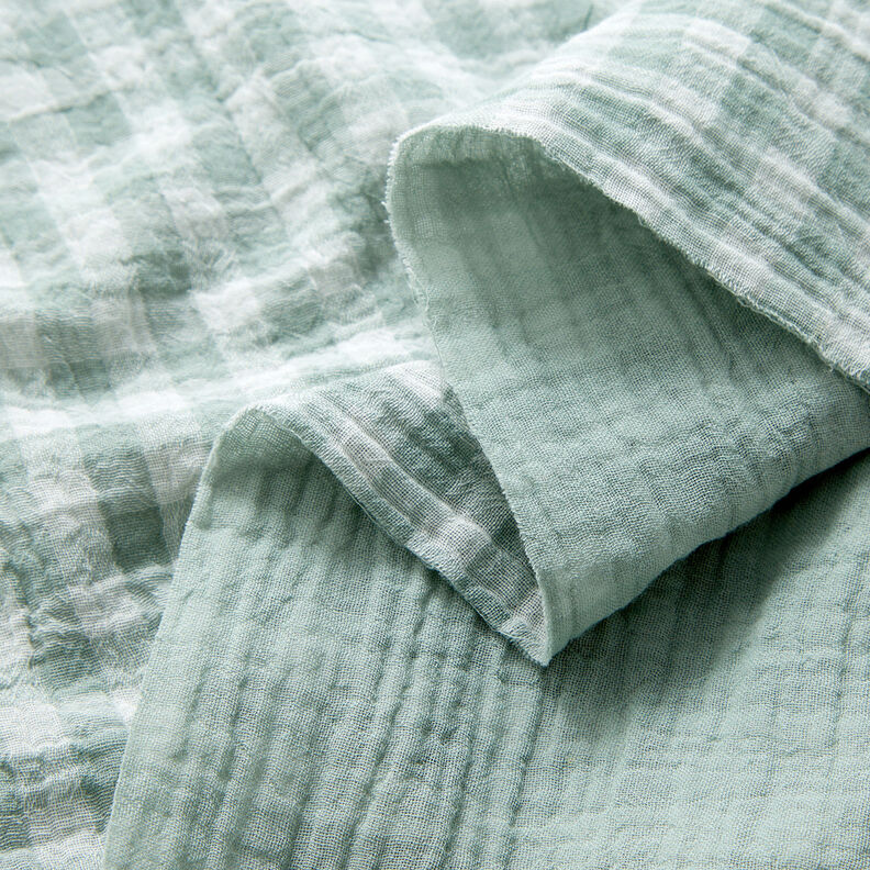 Muślin / Tkanina double crinkle kratka Vichy z barwionej przędzy – zieleń trzcinowa/biel,  image number 2