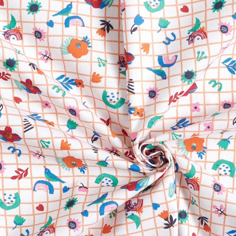 Tkanina bawełniana Kreton kratka z kwiatami – biel/mięta pieprzowa,  image number 3