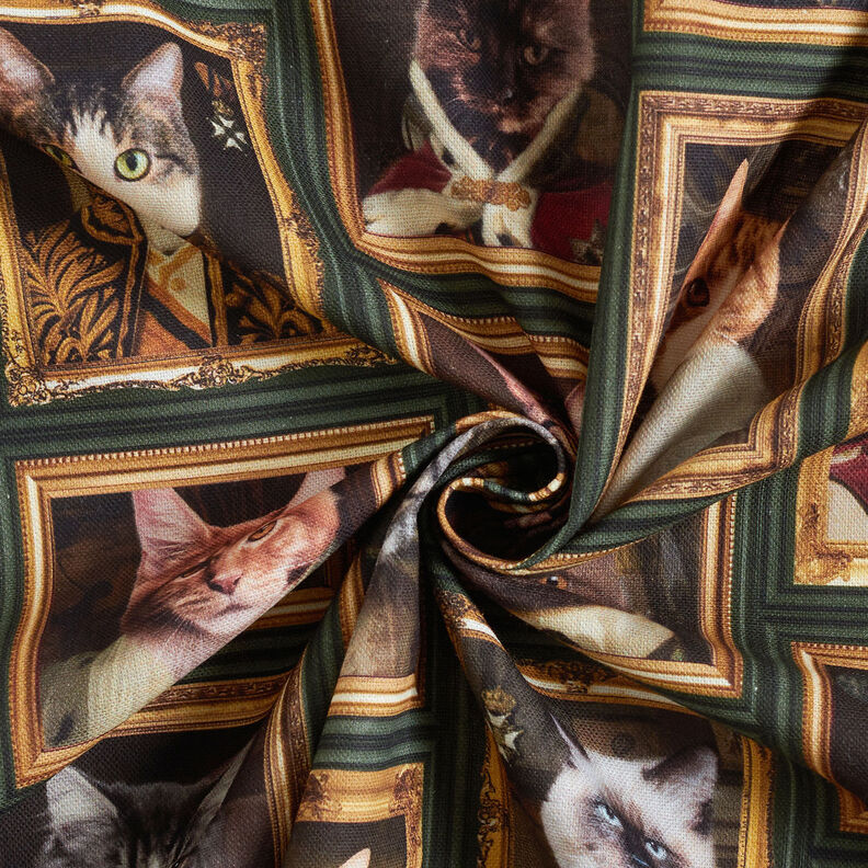 Tkanin dekoracyjna Half panama portrety kotów – ciemna zieleń/złoto,  image number 3