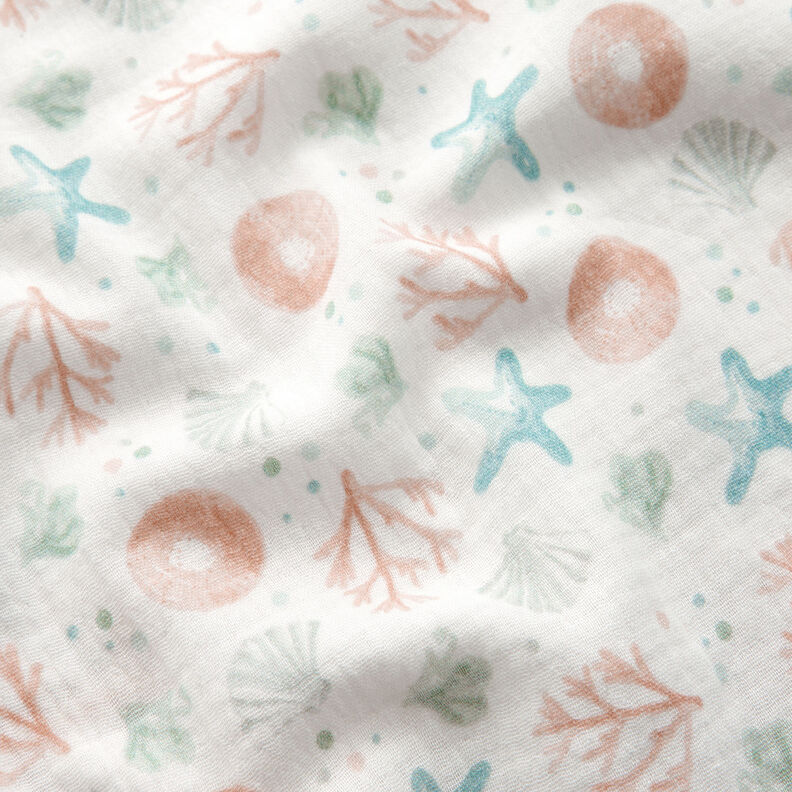Muślin / Tkanina double crinkle rozgwiazdy, muszelki i glony nadruk cyfrowy – mleczna biel,  image number 2