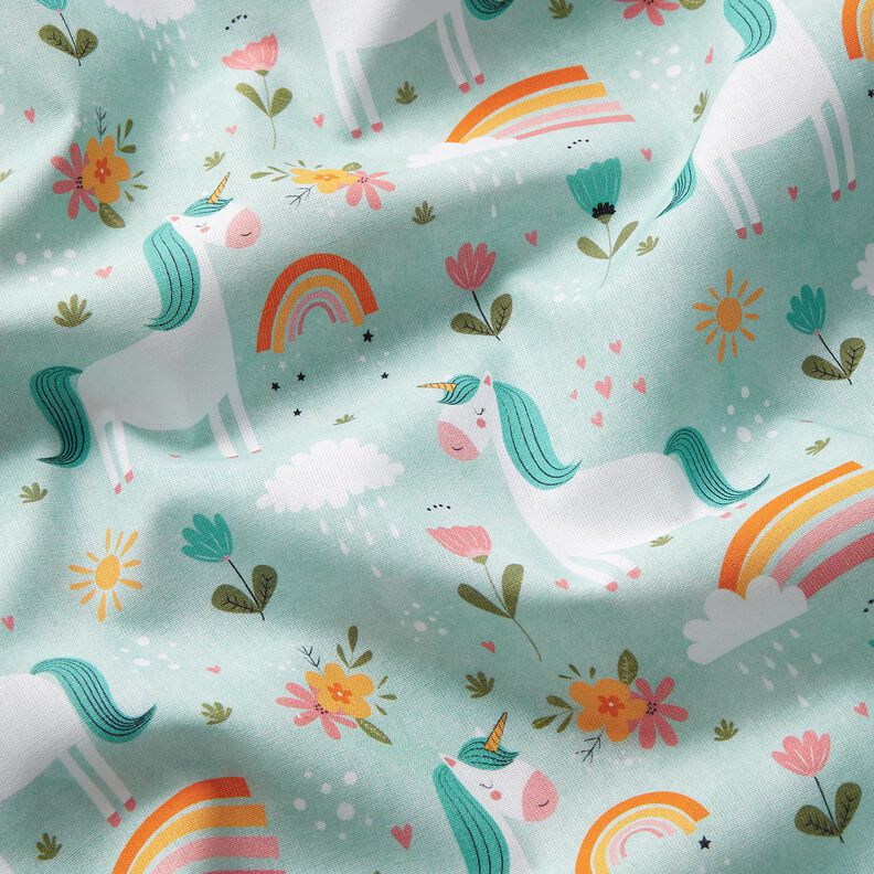 Popelina bawełniana jednorożec w tęczowym świecie nadruk cyfrowy – lodowy niebieski,  image number 2