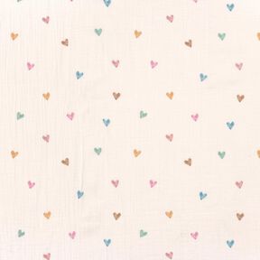 Muślin / Tkanina double crinkle kolorowe serca nadruk cyfrowy – biel, 